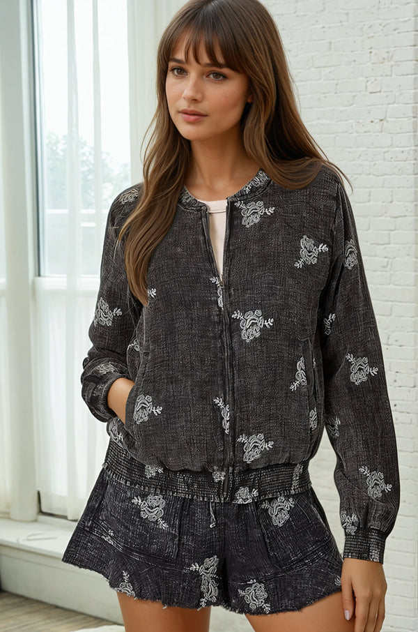 Embroidery Bomber Jacket - Black
