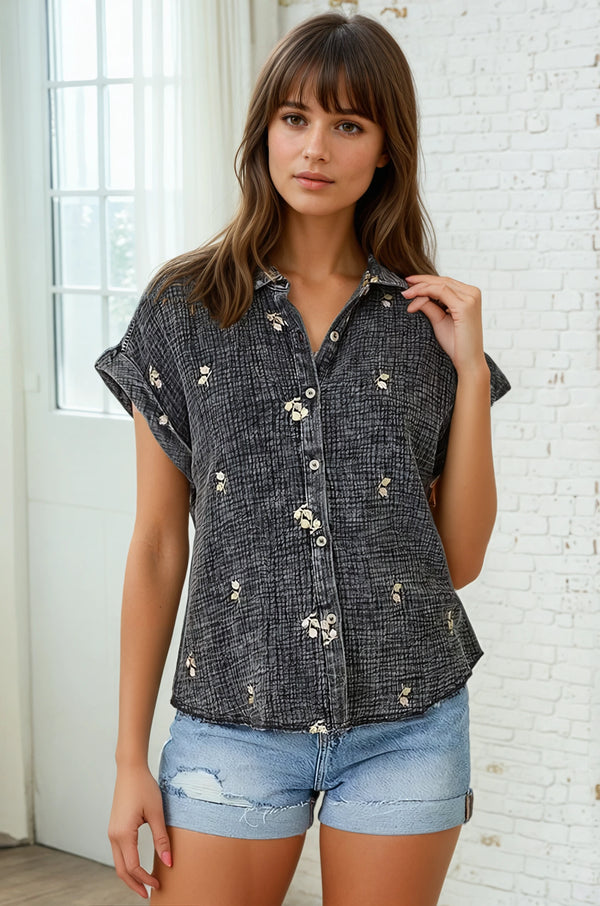 Washed Embroidery Top - Black