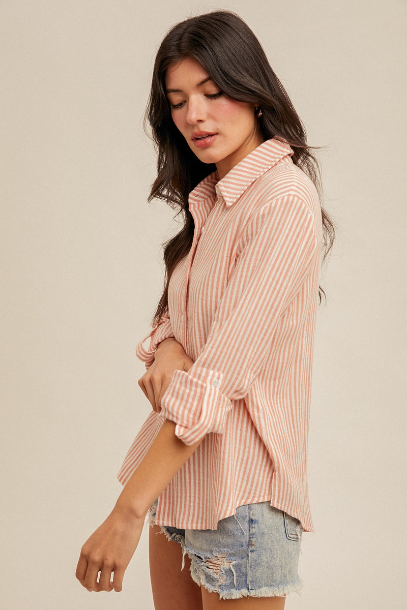 Gauze Striped Button Down Top - Peach