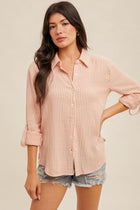 Gauze Striped Button Down Top - Peach