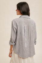 Gauze Striped Button Down Top - Navy