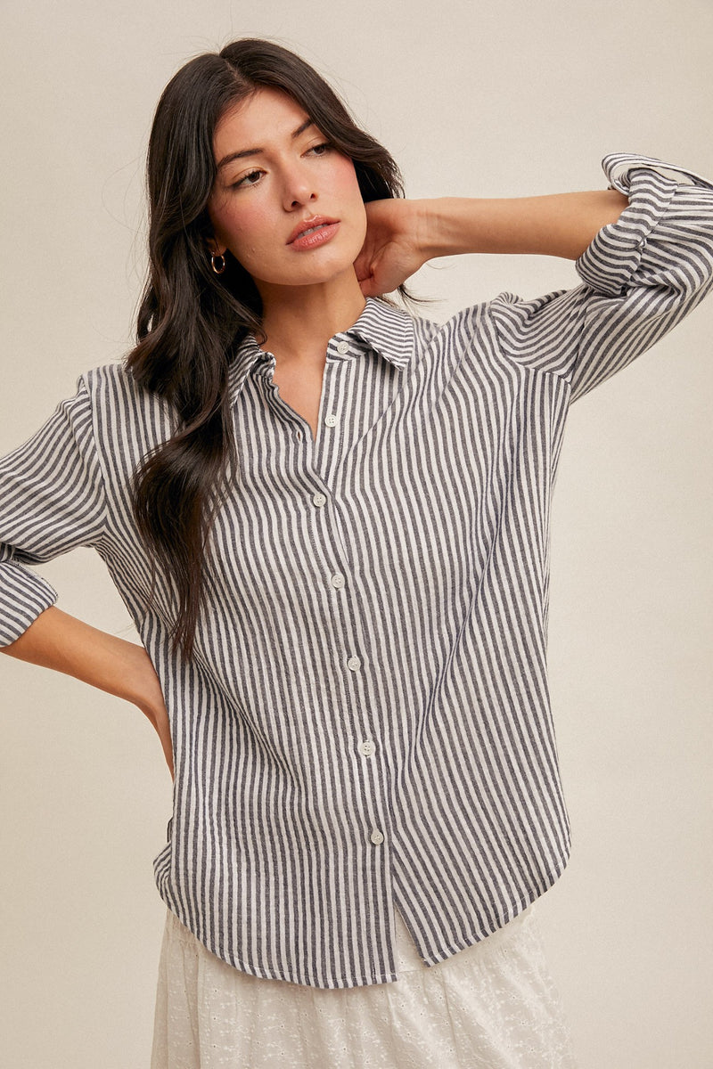 Gauze Striped Button Down Top - Navy