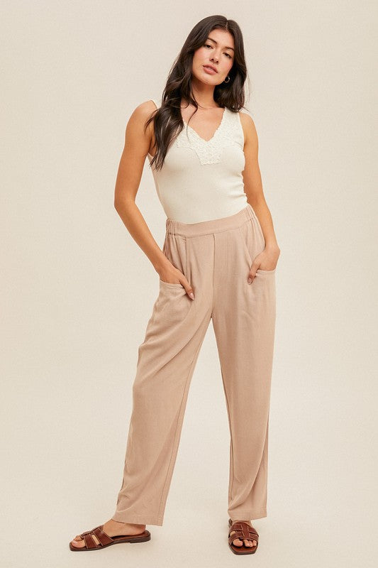 Lace Trim V-Neck Tank - Taupe