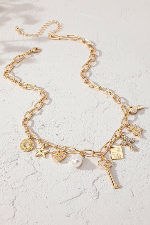 Multi Charm Necklace - Key, Heart, Star, Stone