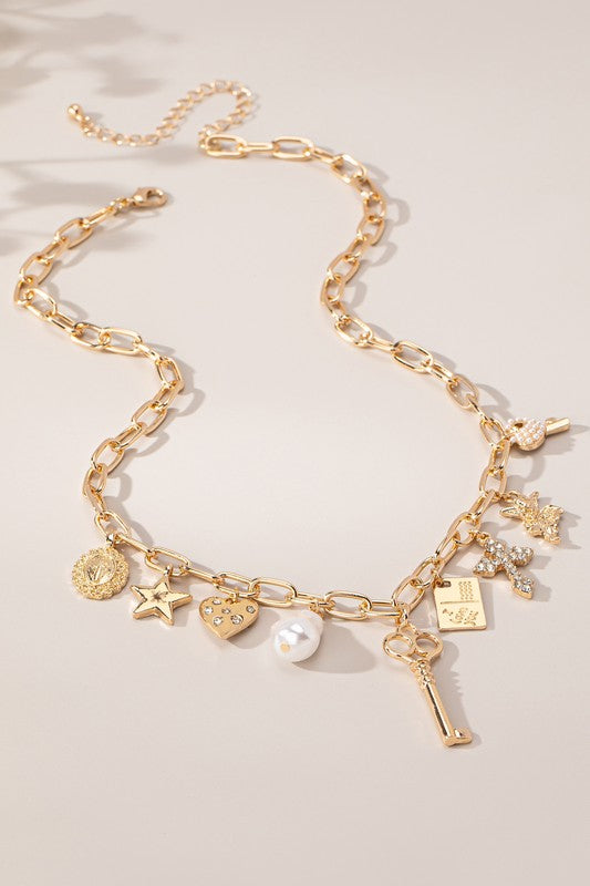 Multi Charm Necklace - Key, Heart, Star, Stone