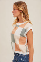 Color Block Checkered Short Sleeve Sweater