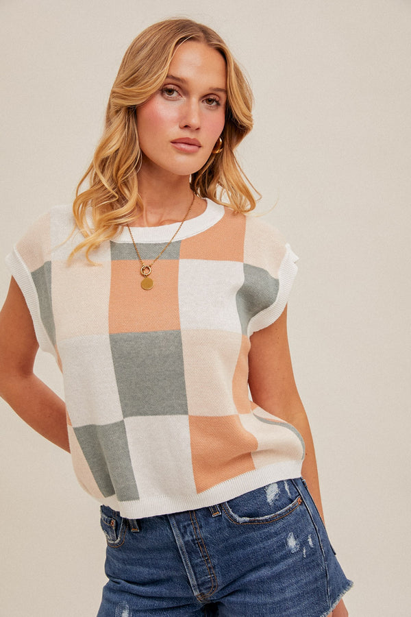 Color Block Checkered Short Sleeve Sweater