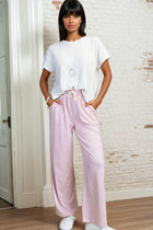 Wide Leg Elastic Waist Knit Pants - Light Pink