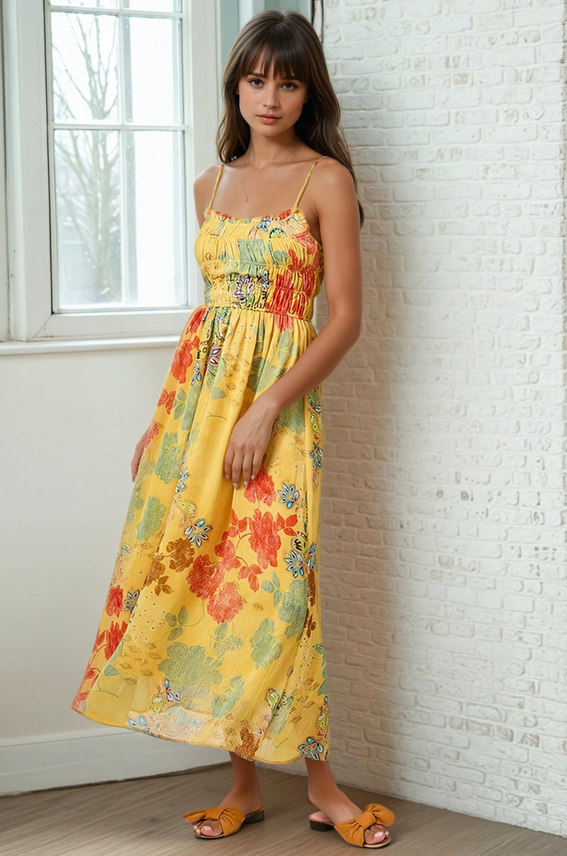 Yellow Floral Chiffon Dress