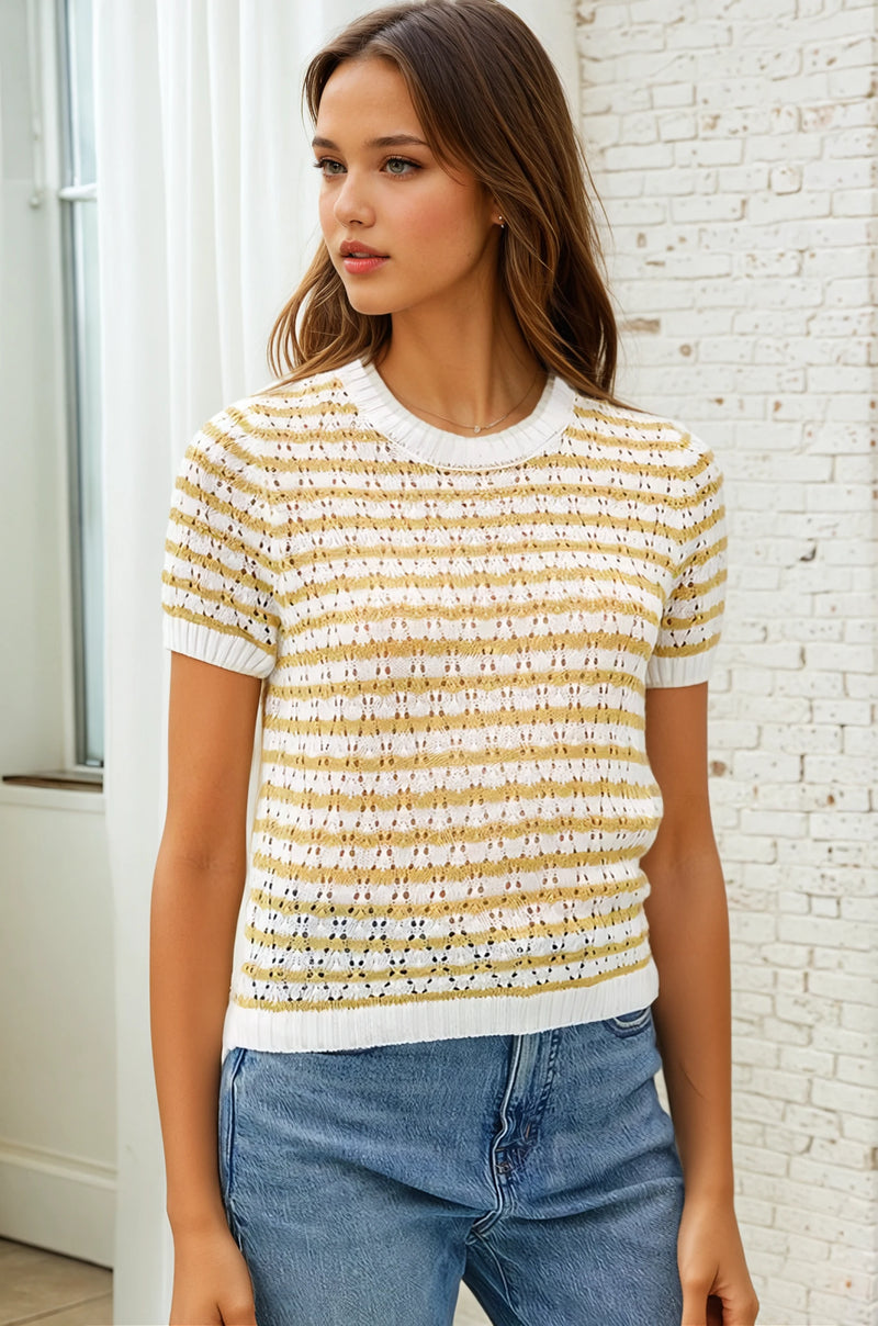 Short Sleeve Striped Sweater - Mustard