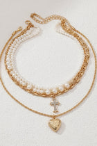 Cross Heart Charm Multi Layer Pearl Necklace