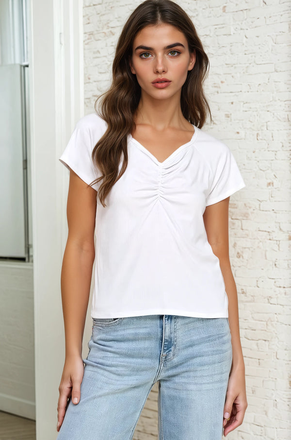 Solid Ribbed Top with Ruched Front - Ivory