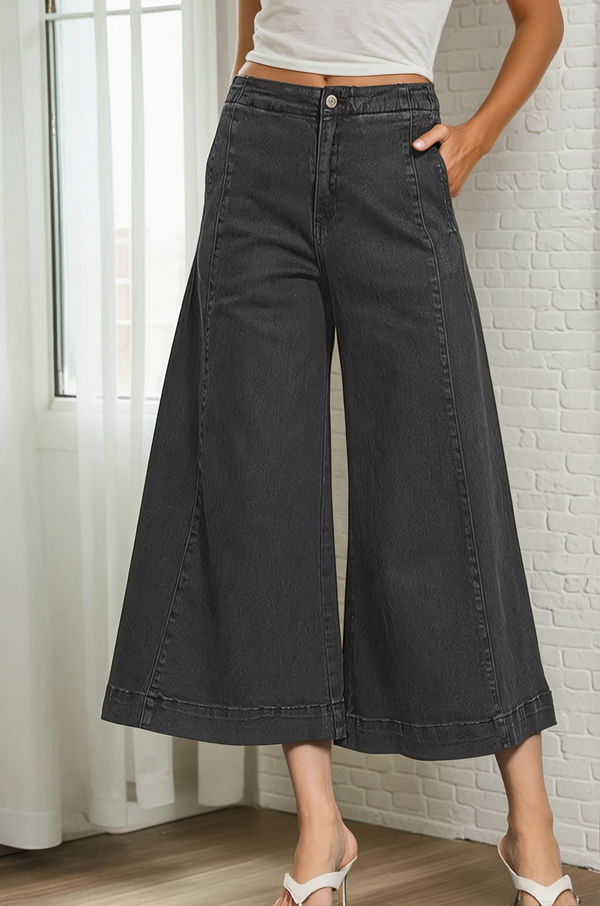 High Rise Cropped Gaucho Denim Pants