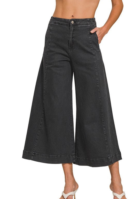 High Rise Cropped Gaucho Denim Pants