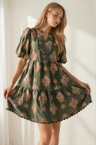 Embroidered Tiered Puff Sleeve Mini Dress