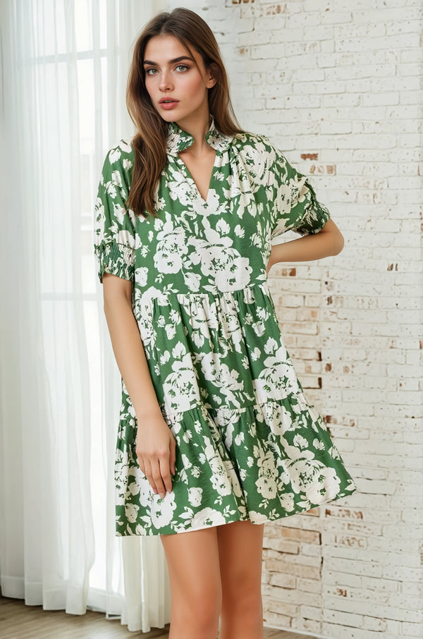 Green Flower Print Tiered Dress