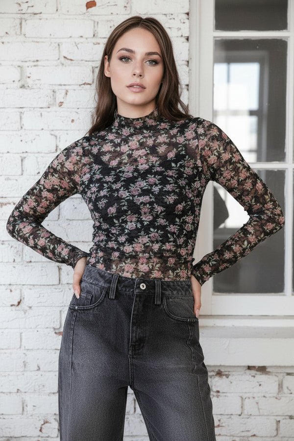 High Neck Lace Top - Black Floral