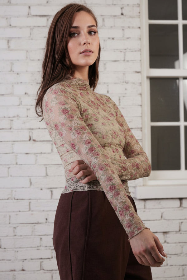 High Neck Lace Top - Beige Floral