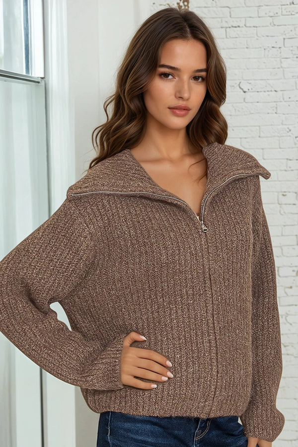 Full Zip Sweater - Brown