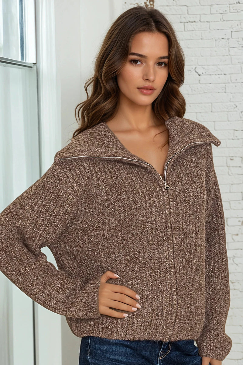 Full Zip Sweater - Brown