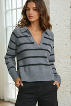 V-neck Stripe Polo Sweater - Gray