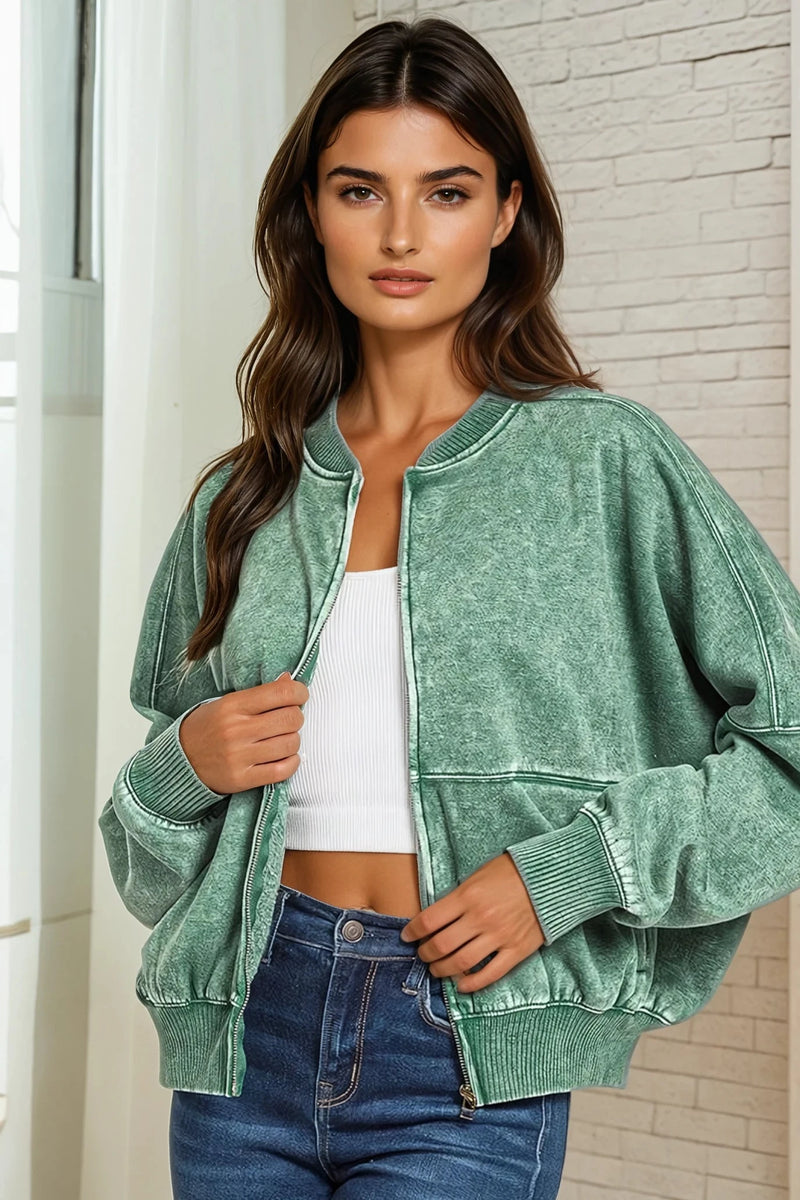 Acid Wash Zip Sweatshirt - Dark Green