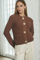 Gold Button Chunky Knit Cardigan - Brown