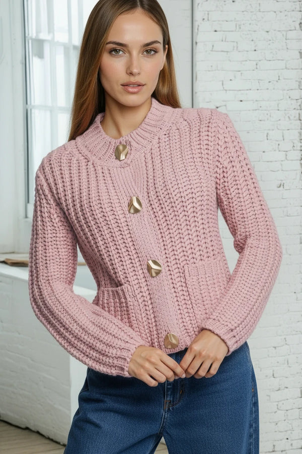 Gold Button Chunky Knit Cardigan - Pink