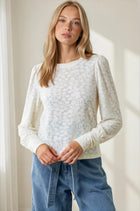 Textured Knit Jacquard Puff Sleeve Top - Off White