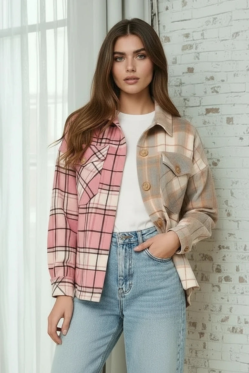 Mixed Plaid Shacket - Pink/Gray