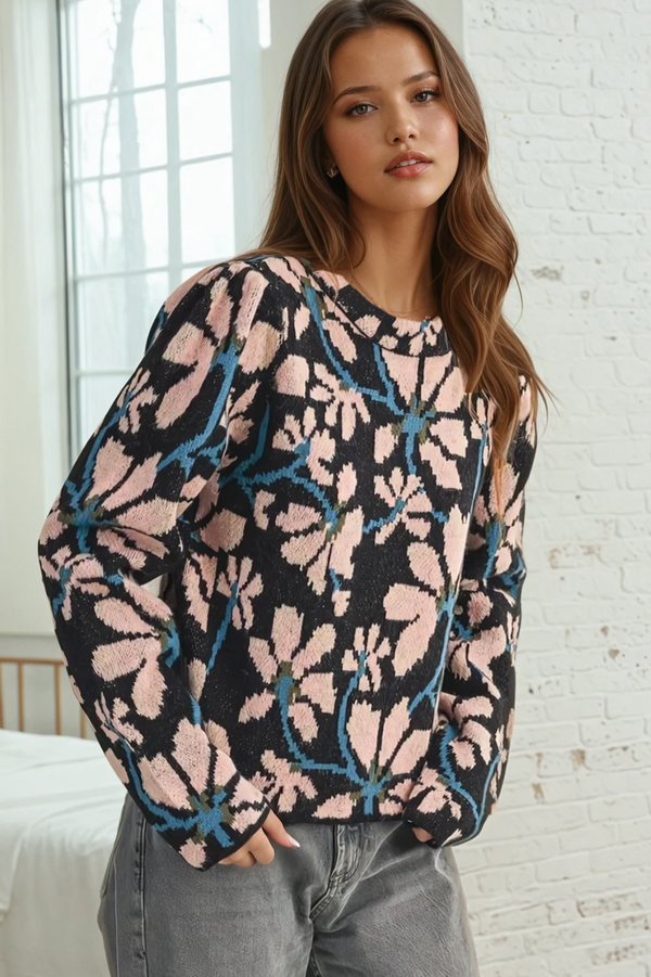 Mock Neck Flower Sweater