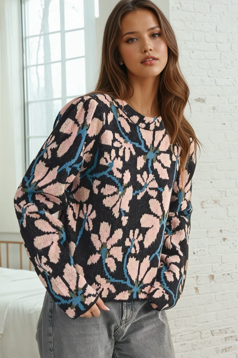 Mock Neck Flower Sweater