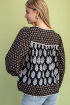 Mixed Print Balloon Sleeve Top