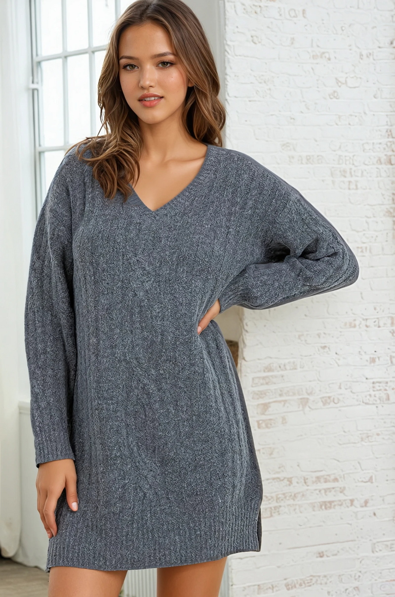 Cable Sweater Dress - Charcoal