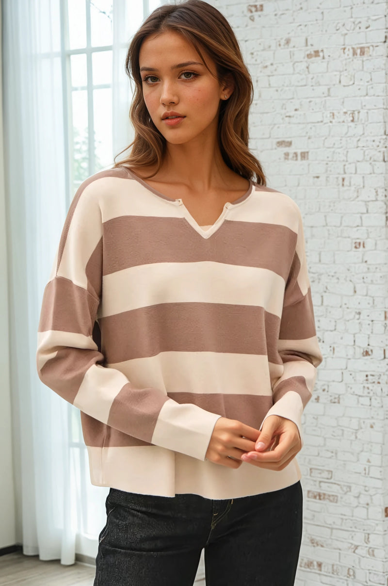 Split Neck Striped Sweater