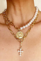 Pearl Cross Coin Multi Layer Charm Necklace