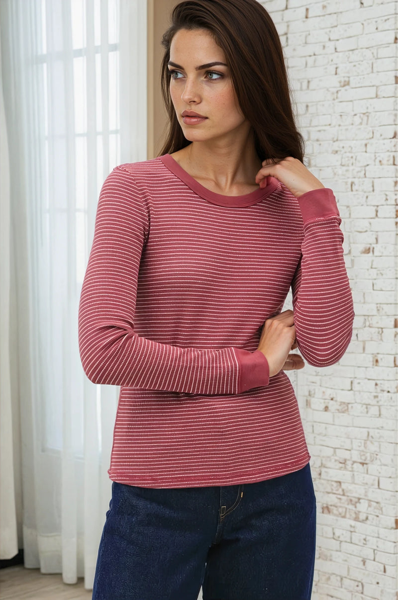 Stitch Thermal Crew Top - Burgundy