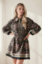 Mix Print Collared Long Sleeve Mini Dress