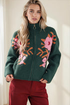 Floral Zip Up Sweater Cardigan - Pine Green