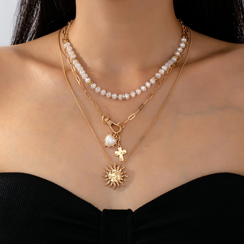 5. Sun Heart Cross Multi Layer Charm Necklace