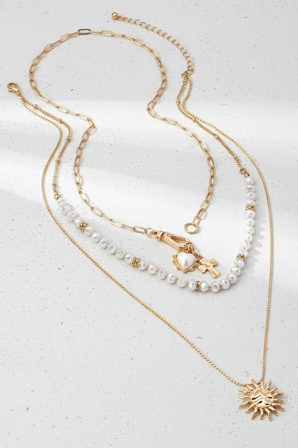 5. Sun Heart Cross Multi Layer Charm Necklace