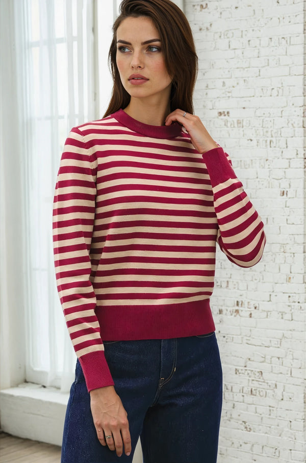 Classic Stripe Cropped Sweater - Wine