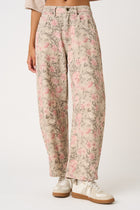 Floral Print Elastic Waist Barrel Jeans