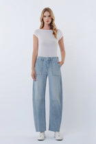 Katie High Rise Striped Raw Hem Crop Barrel Jeans