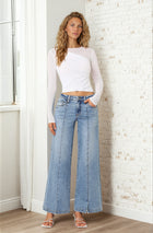 Elena Front Slit Hem Mid Rise Seam Detail Jeans