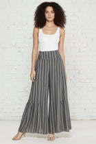Boho Stripe Tiered  Wide Leg Pants - Charcoal