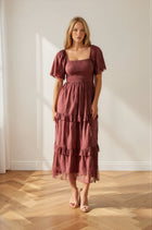 Jacquard Mesh Tiered Midi Dress