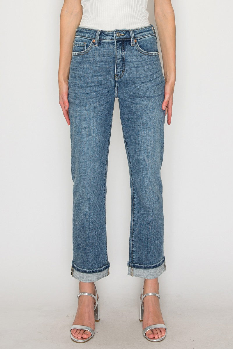 Jeni Tummy Control Cuffed Straight Leg Jeans - Medium Wash