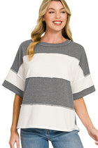 French Terry Exposed Seam Striped Top - Charcoal