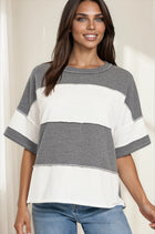 French Terry Exposed Seam Striped Top - Charcoal